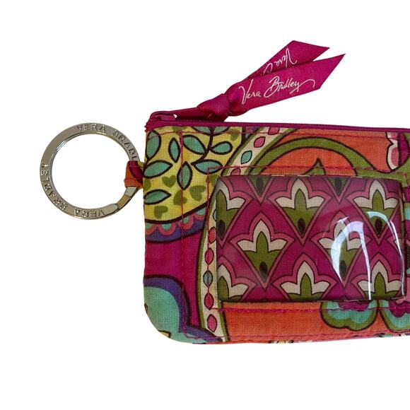 Vera Bradley Pink Swirl Paisley Floral Cotton Mini Zip ID Wallet Silver Key Ring - Picture 4 of 11